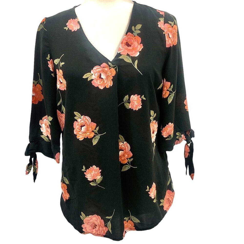 Brina & Em Black Rose Floral Elbow Sleeve Faux Wrap Feminine Blouse